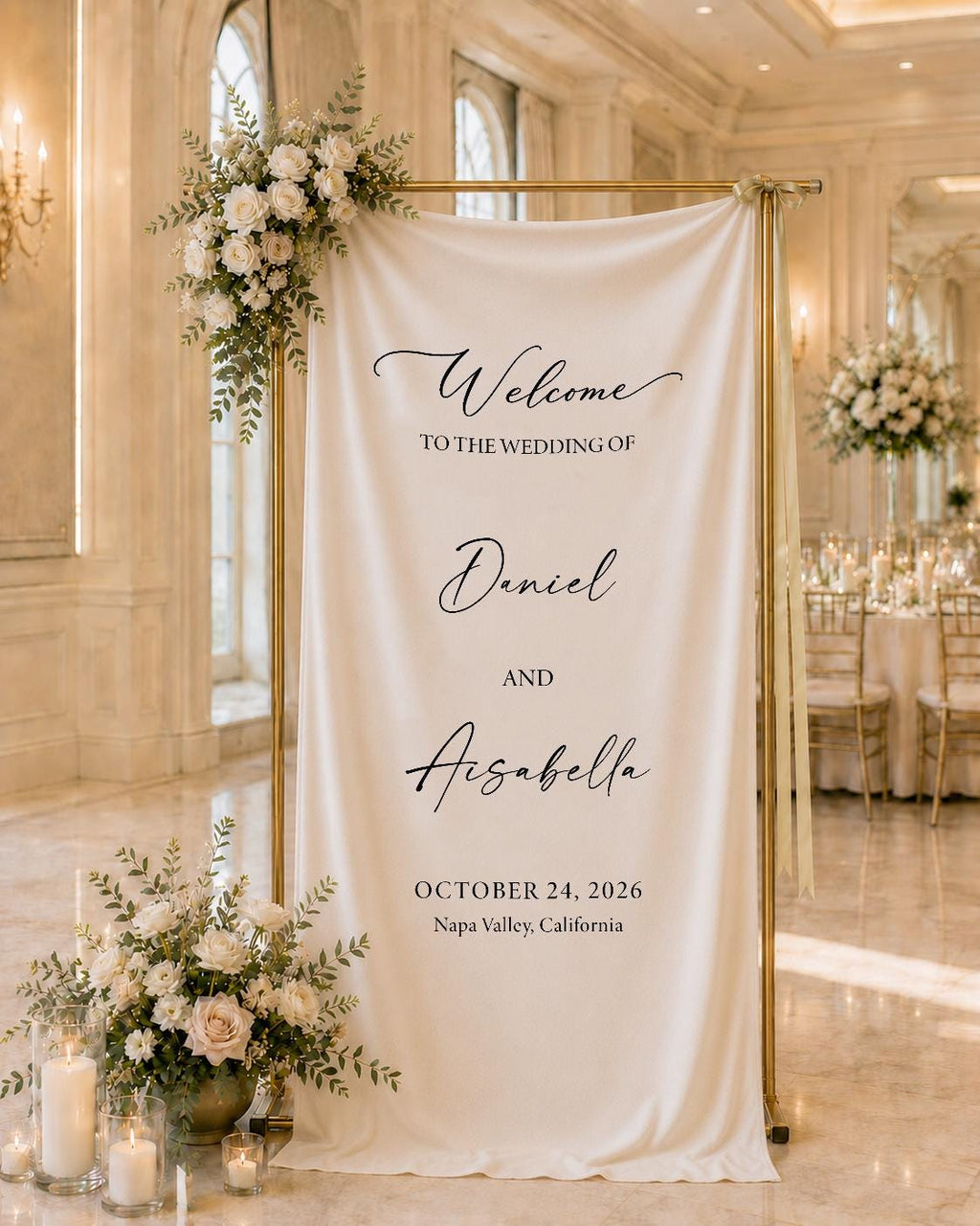 Custom Fabric Wedding Welcome Sign, Personalized Linen Wedding Banner, Elegant Ceremony Decor, Outdoor Reception, Engagement Party Backdrop