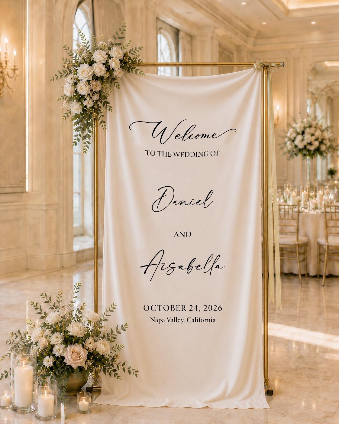Custom Fabric Wedding Welcome Sign, Personalized Linen Wedding Banner, Elegant Ceremony Decor, Outdoor Reception, Engagement Party Backdrop