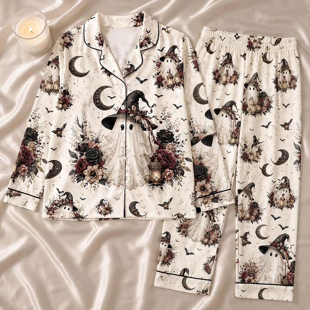 Witchy Ghost Satin Pajama Set, Spooky Halloween Floral PJ Set, Vintage Gothic Loungewear, Fall Gift for Her
