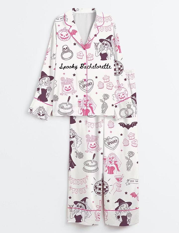 Spooky Bachelorette Pajamas, Halloween Silky Satin PJS, Bride Sleepwear, Cute Fall Loungewear