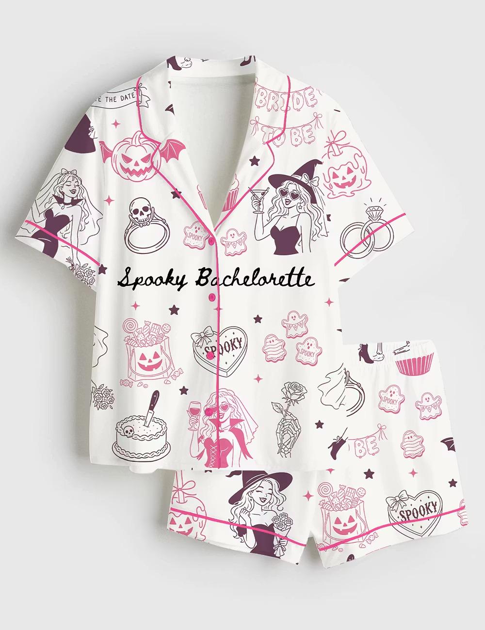 Spooky Bachelorette Pajamas, Halloween Silky Satin PJS, Bride Sleepwear, Cute Fall Loungewear
