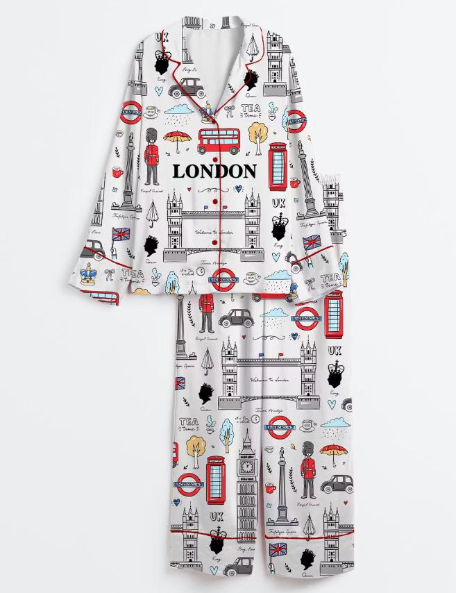 London Printed Pajama Set – Vacation Loungewear, British Bridal Party PJs – Travel Souvenir Nightwear