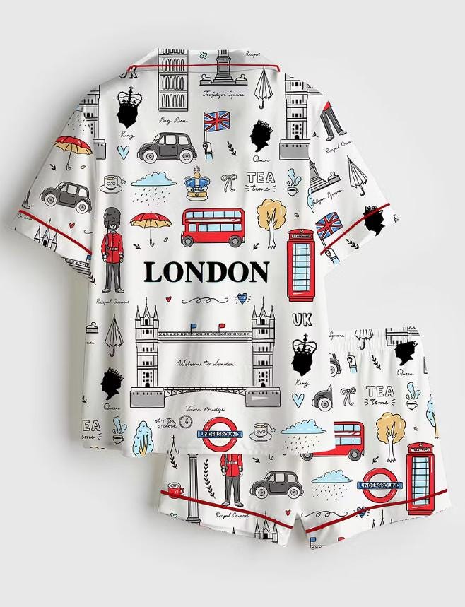 London Printed Pajama Set – Vacation Loungewear, British Bridal Party PJs – Travel Souvenir Nightwear