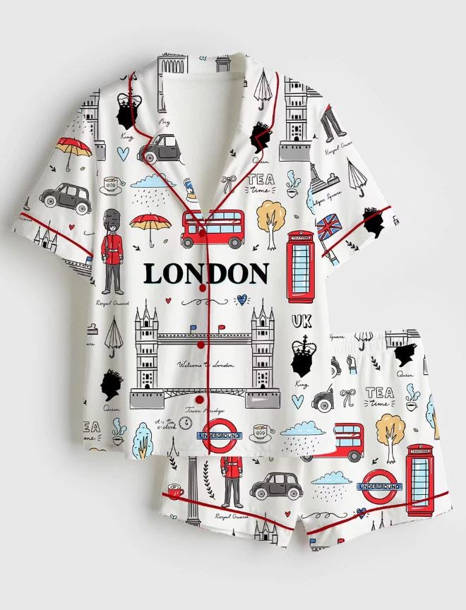 London Printed Pajama Set – Vacation Loungewear, British Bridal Party PJs – Travel Souvenir Nightwear
