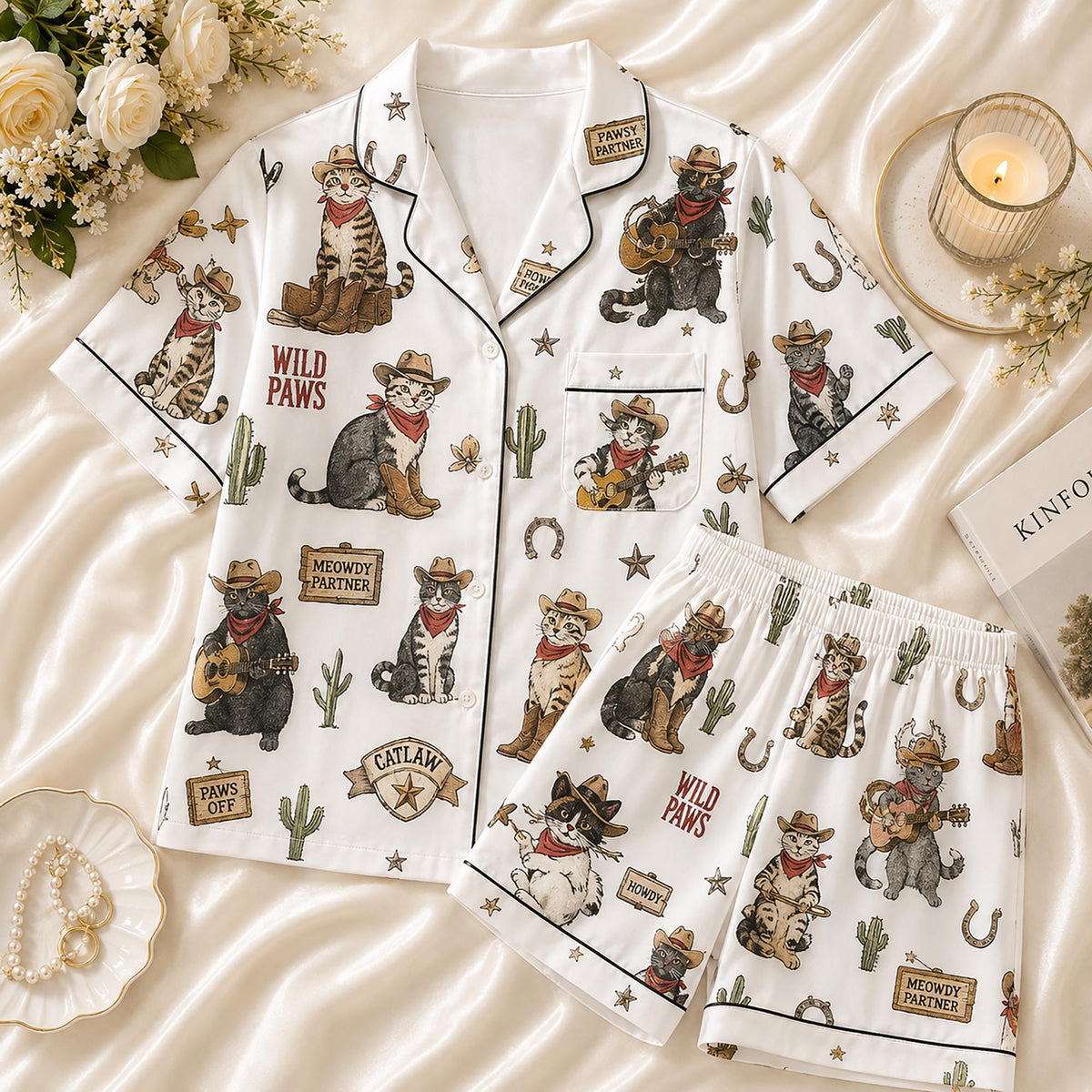 Cowboy Cat Pajama Set, Retro Western Kitty Sleepwear, Funny Wild West Animal Gift for Women Girls