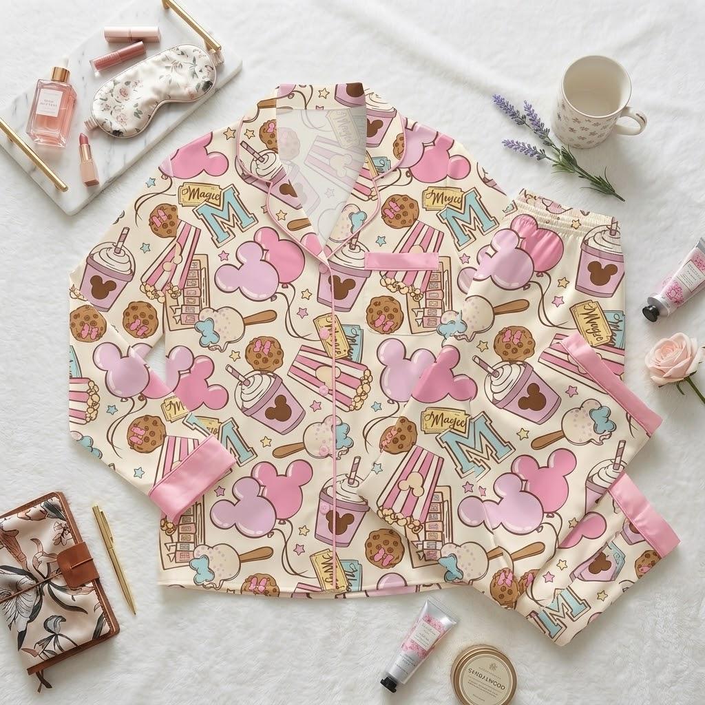 Sweet Treats Meet Disney Magic, Mickey Inspired Pajamas With Snacks And Drinks, Whimsical Nightwear, Cozy Bedtime Look