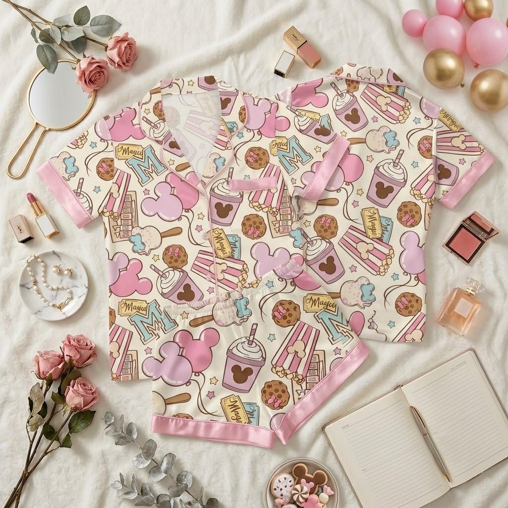 Sweet Treats Meet Disney Magic, Mickey Inspired Pajamas With Snacks And Drinks, Whimsical Nightwear, Cozy Bedtime Look