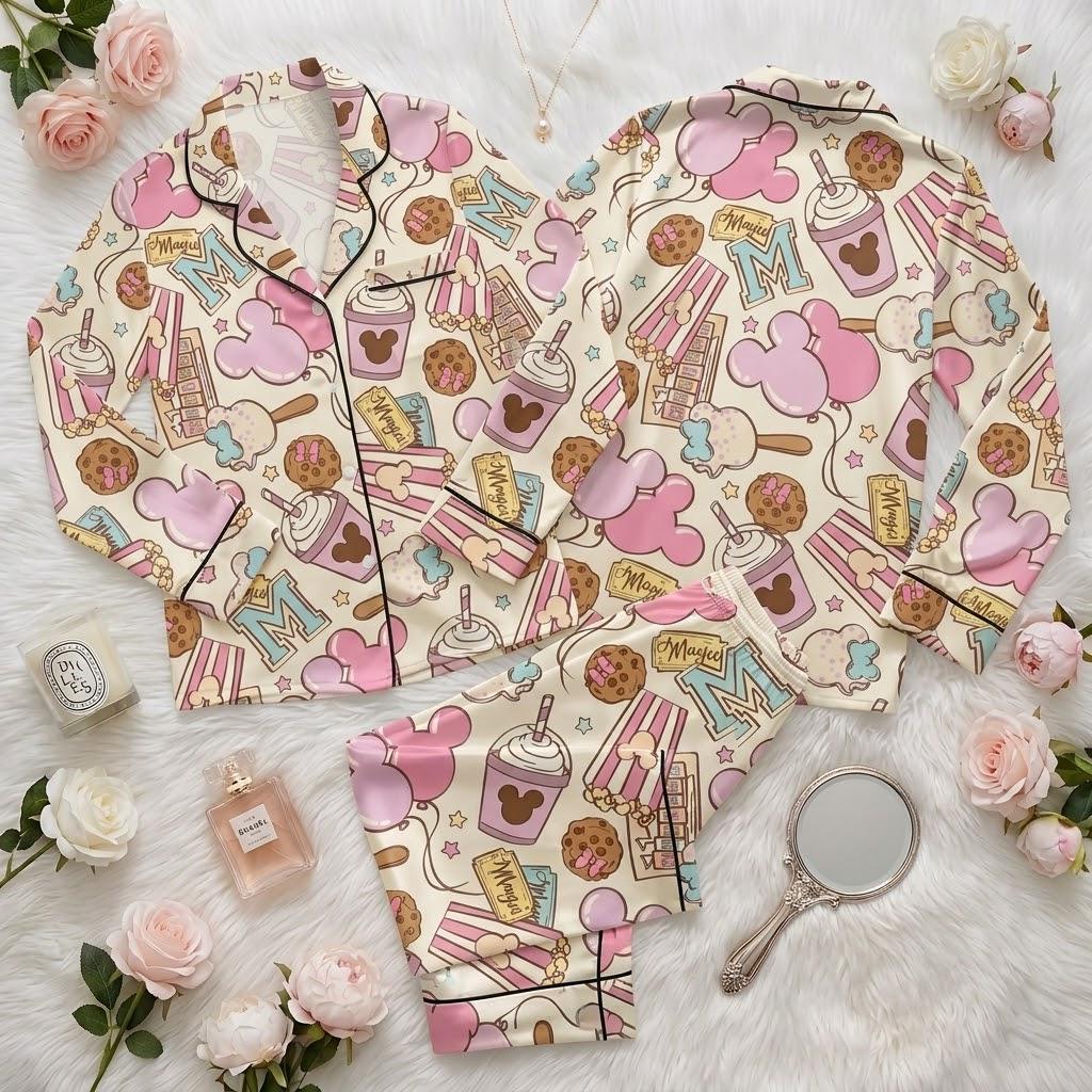 Sweet Treats Meet Disney Magic, Mickey Inspired Pajamas With Snacks And Drinks, Whimsical Nightwear, Cozy Bedtime Look