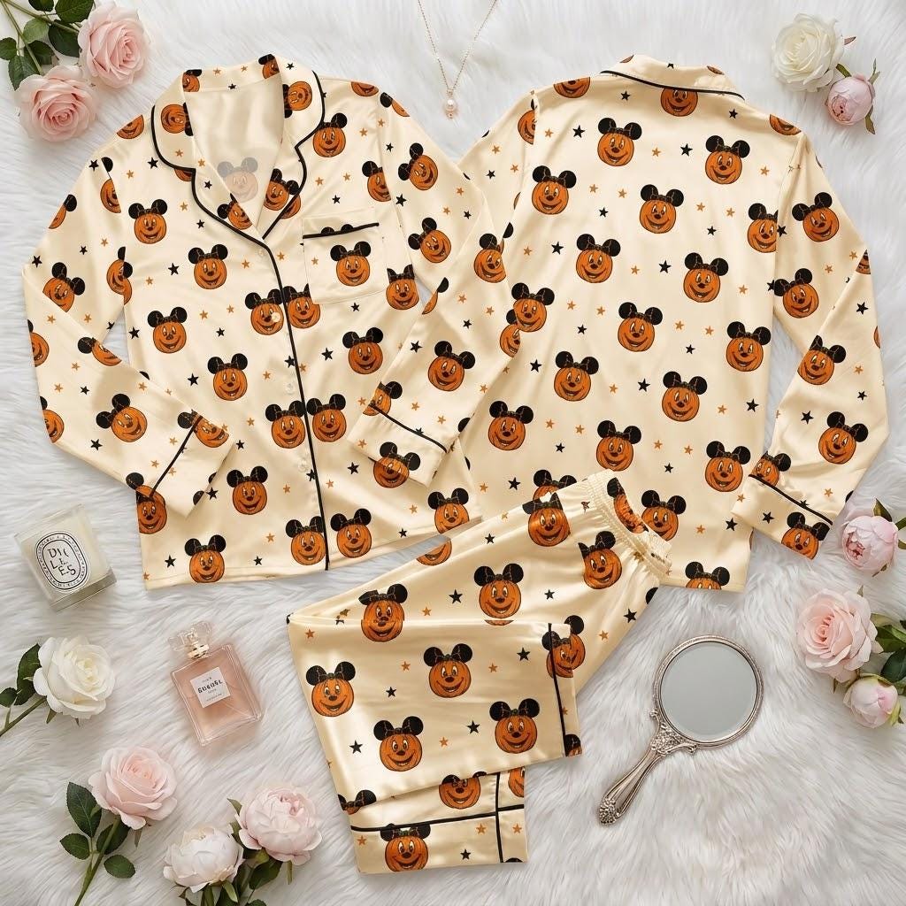 Pumpkin Faces And Mickey Mouse Make Bedtime Festive, Disney Halloween Pajamas, Character Nightwear, Autumn Sleep Outfit