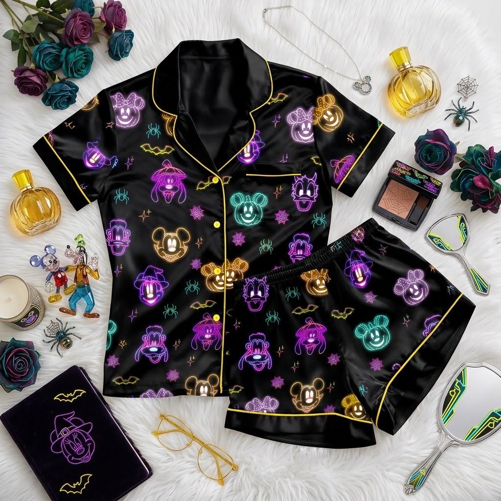 Mickey Mouse Lights Up Halloween Nights, Disney Character Pajamas, Neon Inspired Sleepwear, Spooky Season Night Outfit