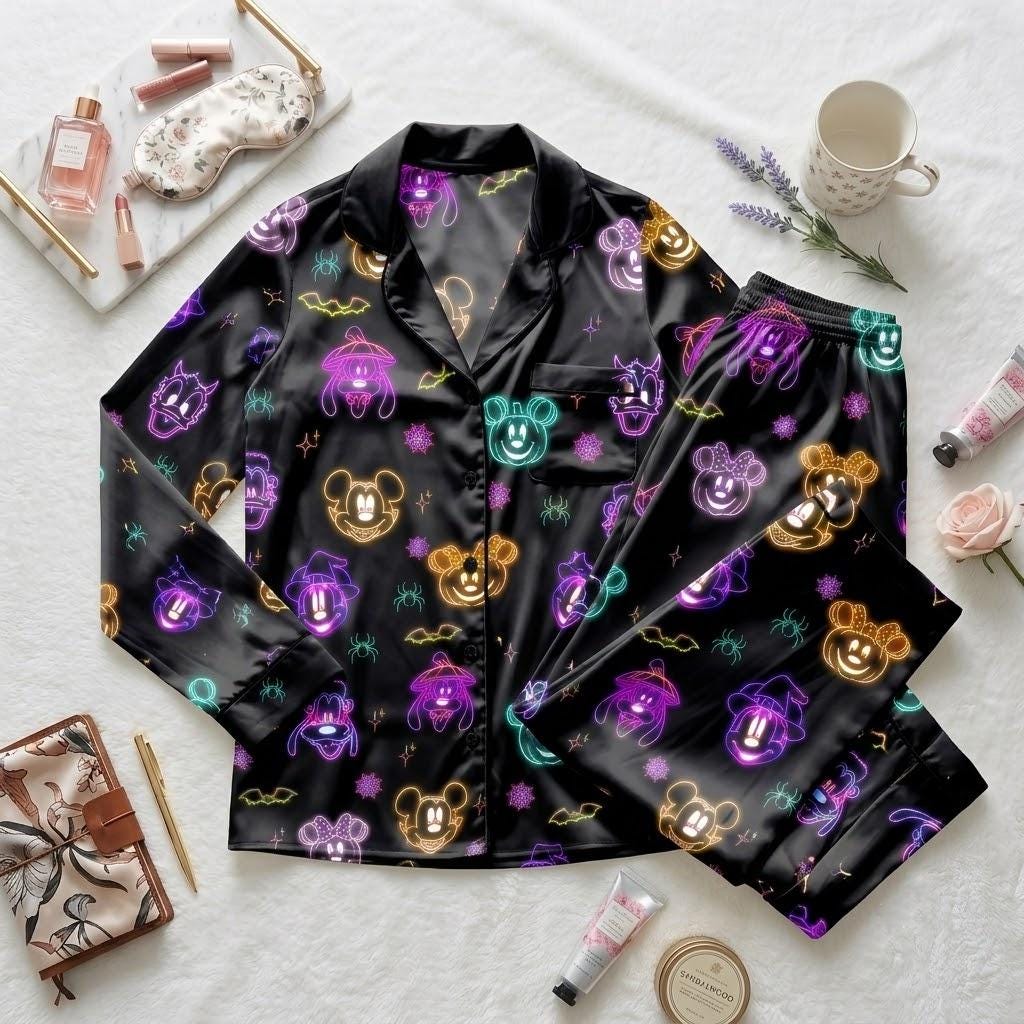 Mickey Mouse Lights Up Halloween Nights, Disney Character Pajamas, Neon Inspired Sleepwear, Spooky Season Night Outfit