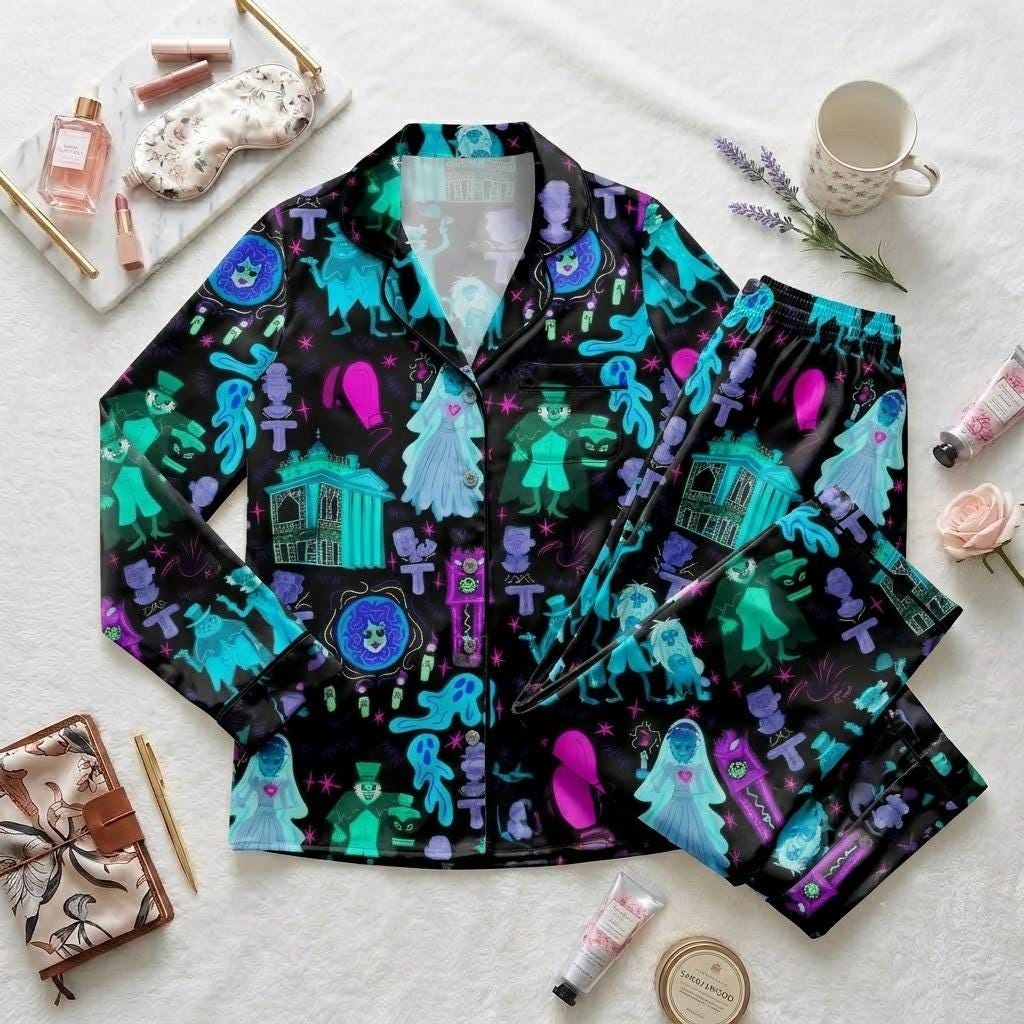 Disney Haunted Mansion Pajama Set, Ghostly Mansion Character Sleepwear, Spooky Theme Button Pajamas, Halloween Loungewear For Disney Fans