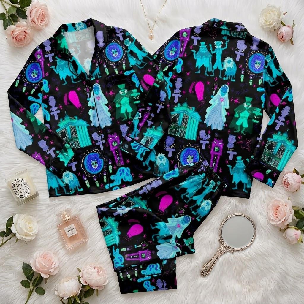 Disney Haunted Mansion Pajama Set, Ghostly Mansion Character Sleepwear, Spooky Theme Button Pajamas, Halloween Loungewear For Disney Fans