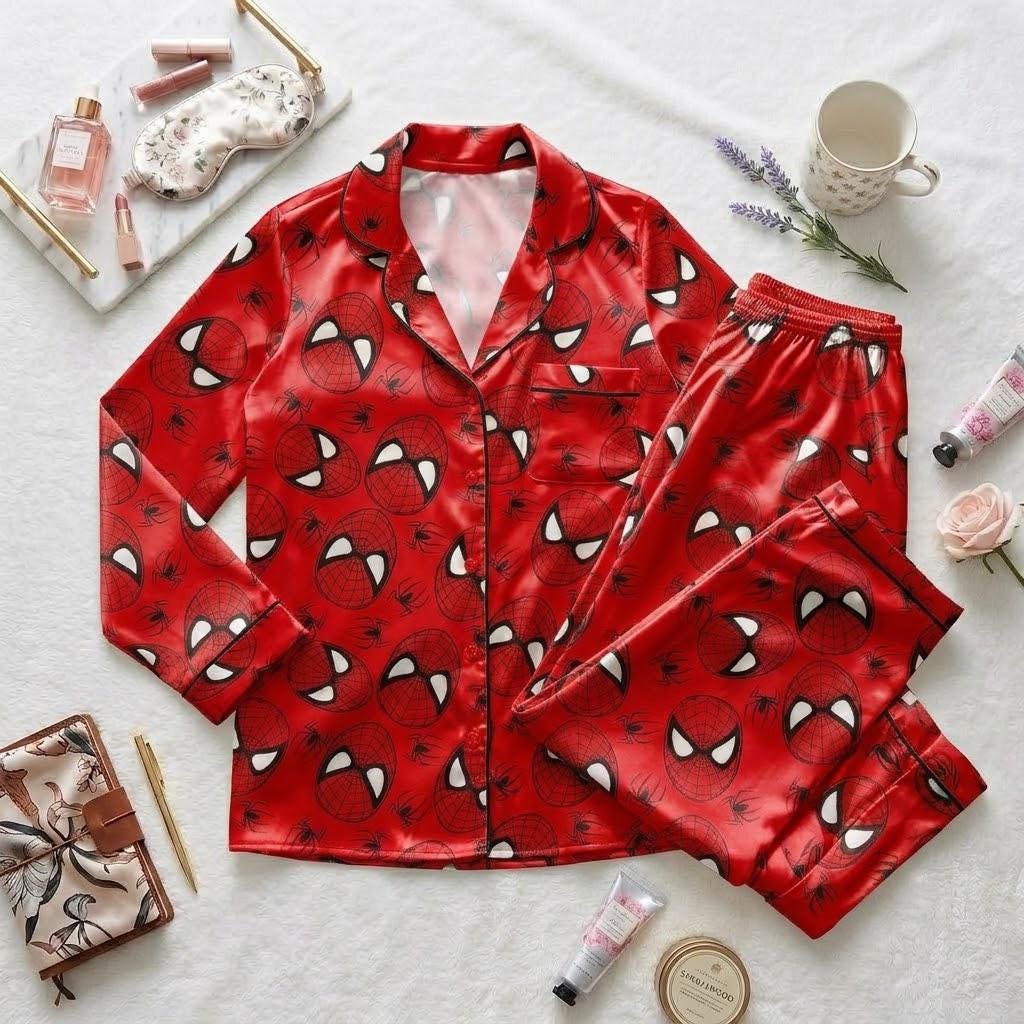 Spiderman Superhero Pajama Set, Comic Book Inspired Sleepwear, Spider Hero Button Pajamas, Marvel Style Loungewear Gift For Adults