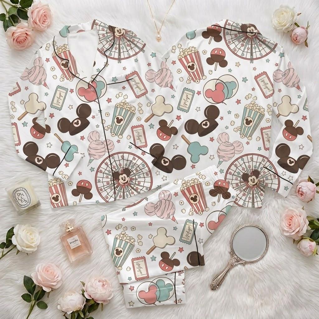 Disneyland Park Icons Satin Pajamas, Castle Balloon Snack Inspired Sleepwear, Magical Vacation Button Pajama Set, Theme Park Loungewear
