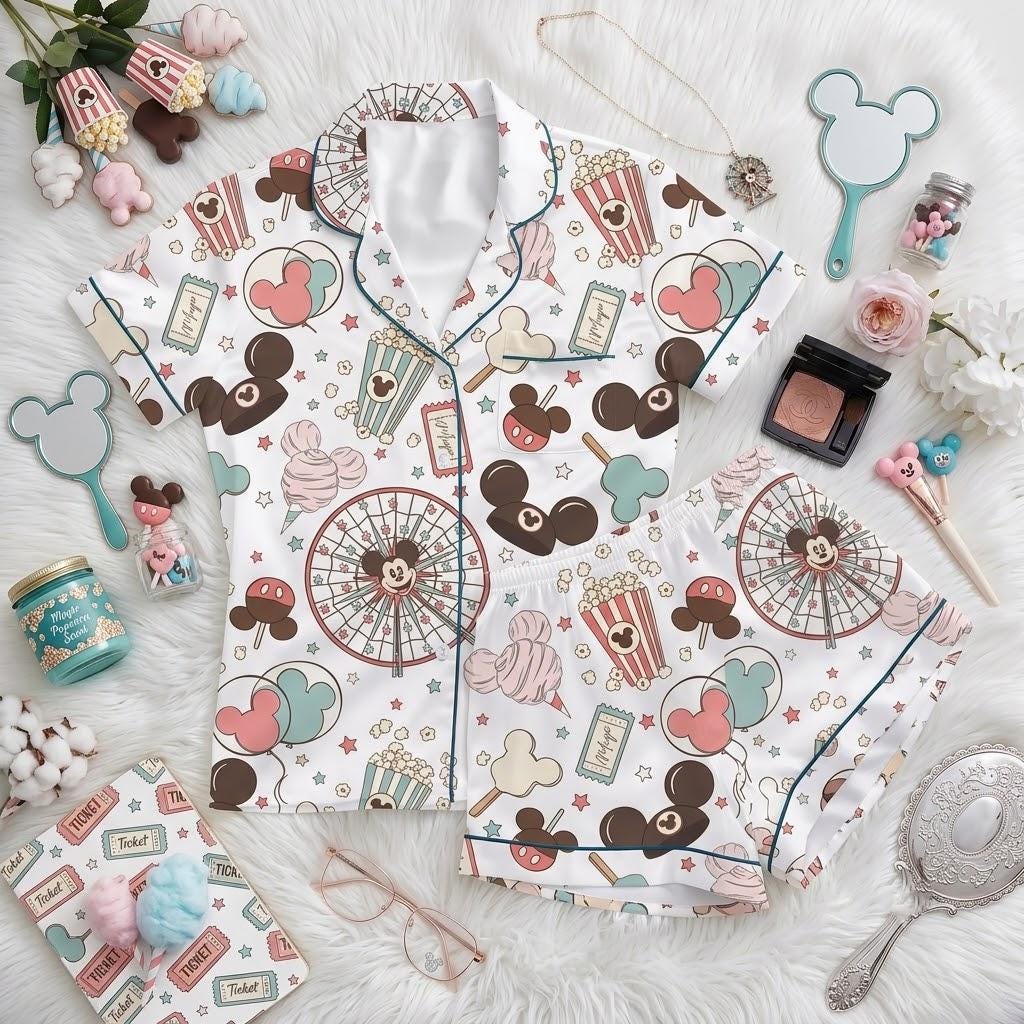 Disneyland Park Icons Satin Pajamas, Castle Balloon Snack Inspired Sleepwear, Magical Vacation Button Pajama Set, Theme Park Loungewear