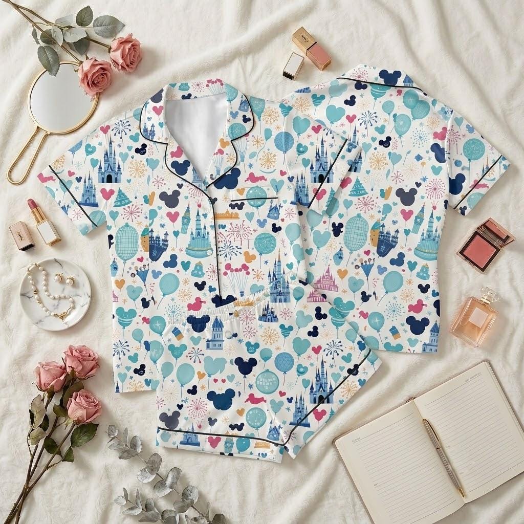 Disneyland Icons Pajama Set, Castle Balloon Park Snacks Button Pajamas, Magical Theme Park Sleepwear, Disney Vacation Loungewear Gift