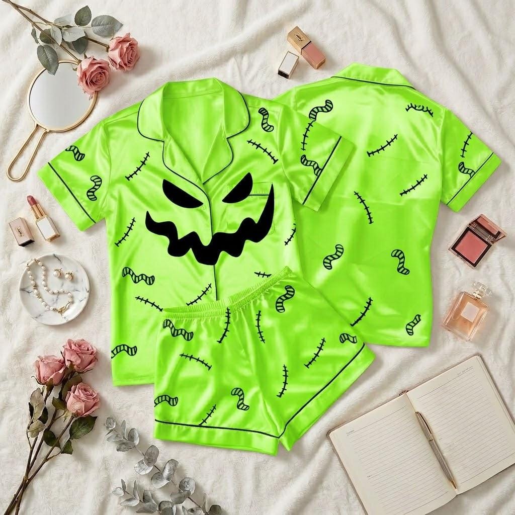 Celebrate Halloween In Oogie Boogie Pajamas, Nightmare Inspired Sleepwear, Spooky Character Button Pajama Set, Cozy Halloween Loungewear