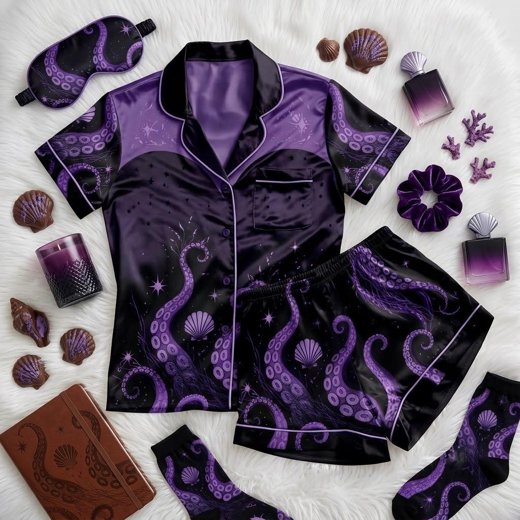 Disney Ursula Halloween Pajama Set, Sea Witch Villain Sleepwear, Spooky Disney Button Pajamas, Halloween Night Loungewear Gift