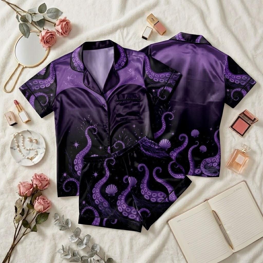 Disney Ursula Halloween Pajama Set, Sea Witch Villain Sleepwear, Spooky Disney Button Pajamas, Halloween Night Loungewear Gift