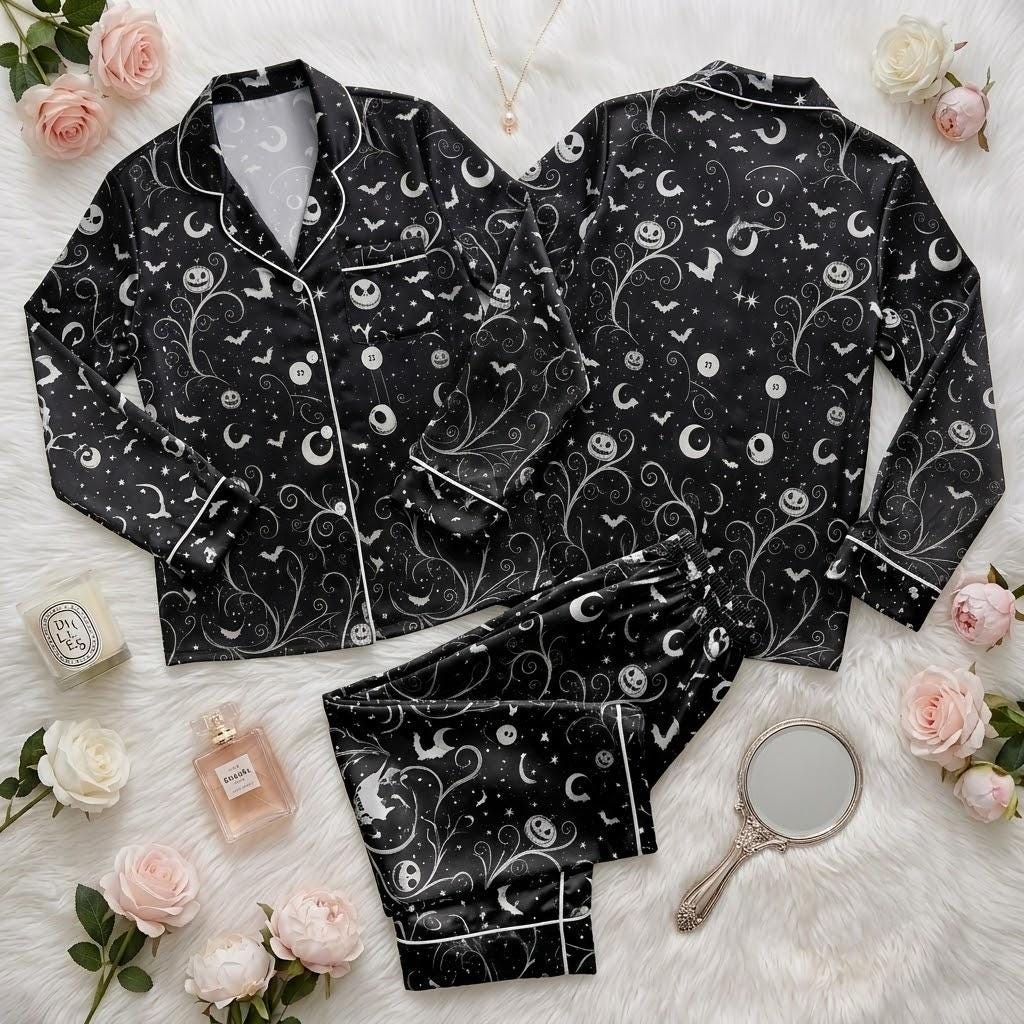 Jack Skellington Halloween Pajama Set, Disney Nightmare Before Christmas Sleepwear, Pumpkin King Button Pajamas, Spooky Family Loungewear