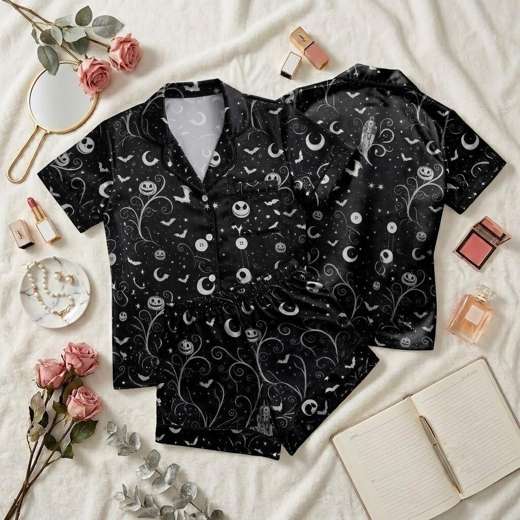 Jack Skellington Halloween Pajama Set, Disney Nightmare Before Christmas Sleepwear, Pumpkin King Button Pajamas, Spooky Family Loungewear