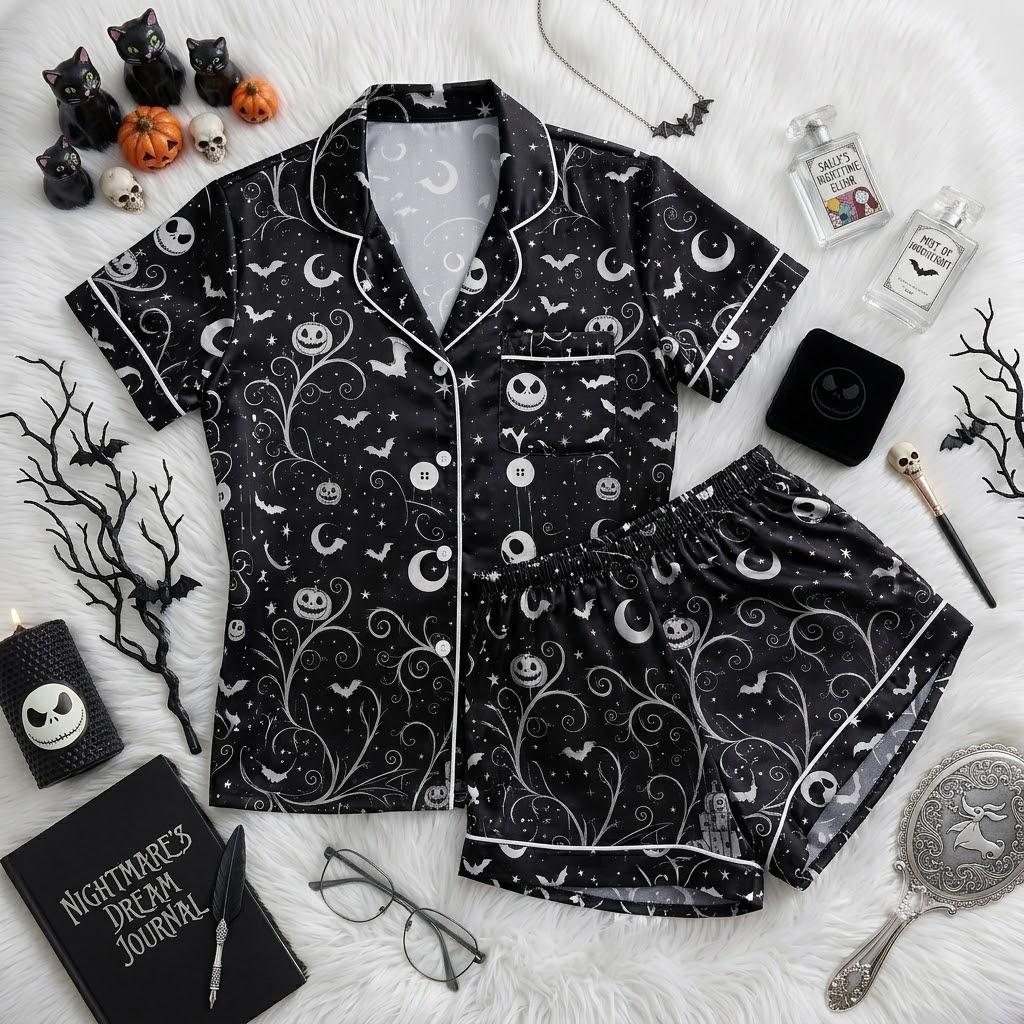 Jack Skellington Halloween Pajama Set, Disney Nightmare Before Christmas Sleepwear, Pumpkin King Button Pajamas, Spooky Family Loungewear