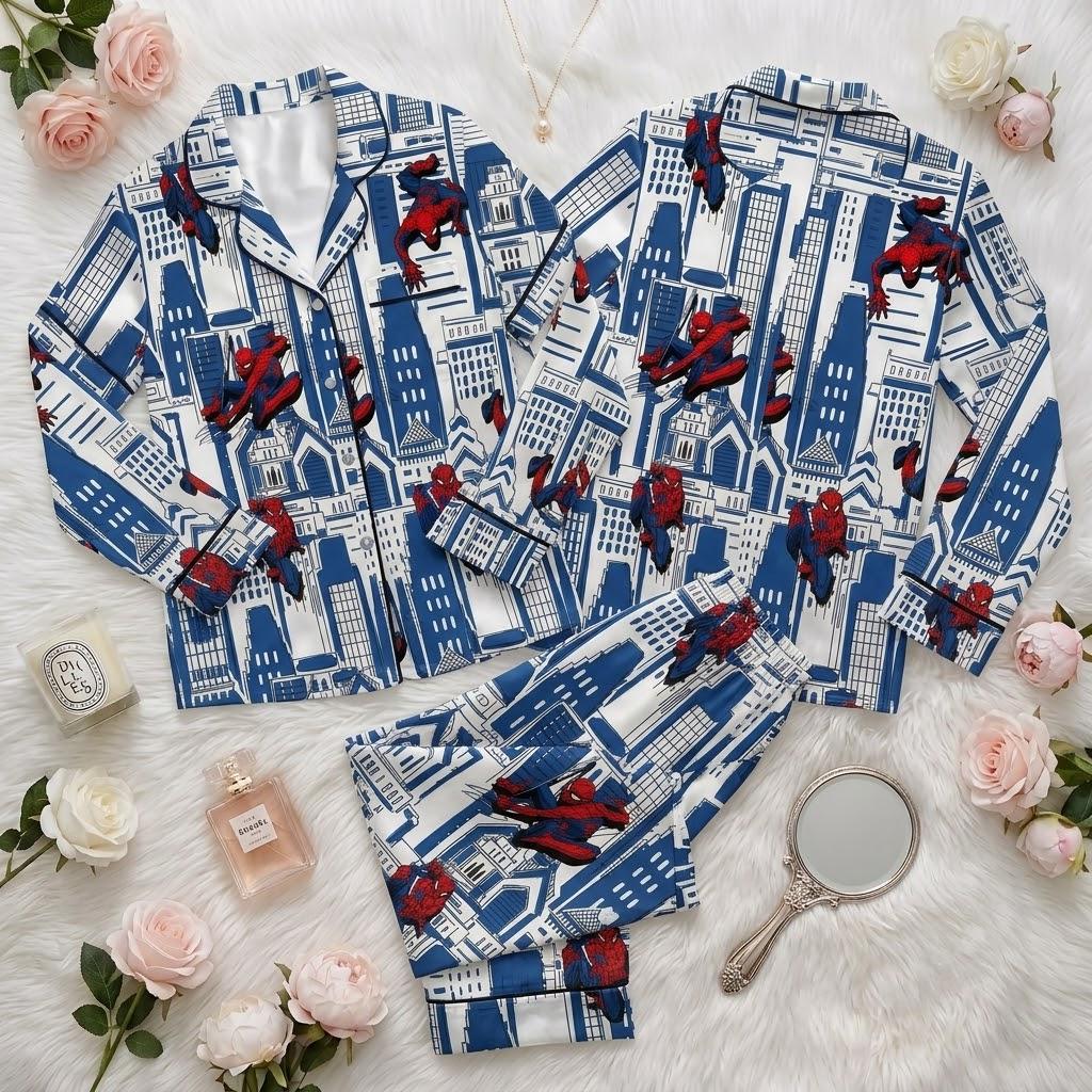 Swing Into Bed With Spiderman Pajamas, Superhero Cartoon Sleepwear Set, Comic Inspired Button Pajamas, Everyday Loungewear Gift