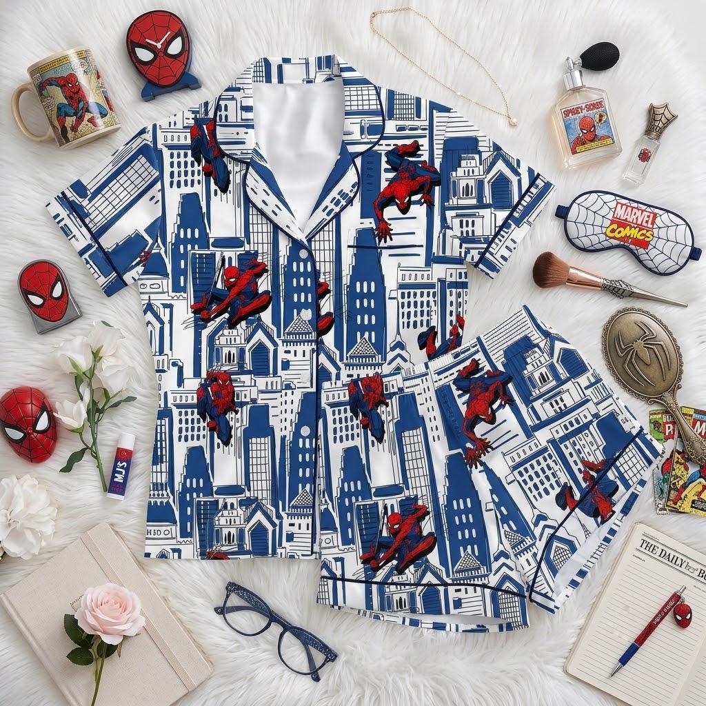 Swing Into Bed With Spiderman Pajamas, Superhero Cartoon Sleepwear Set, Comic Inspired Button Pajamas, Everyday Loungewear Gift