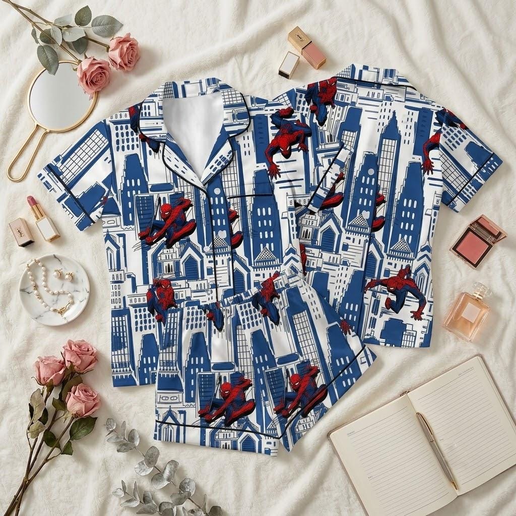 Swing Into Bed With Spiderman Pajamas, Superhero Cartoon Sleepwear Set, Comic Inspired Button Pajamas, Everyday Loungewear Gift