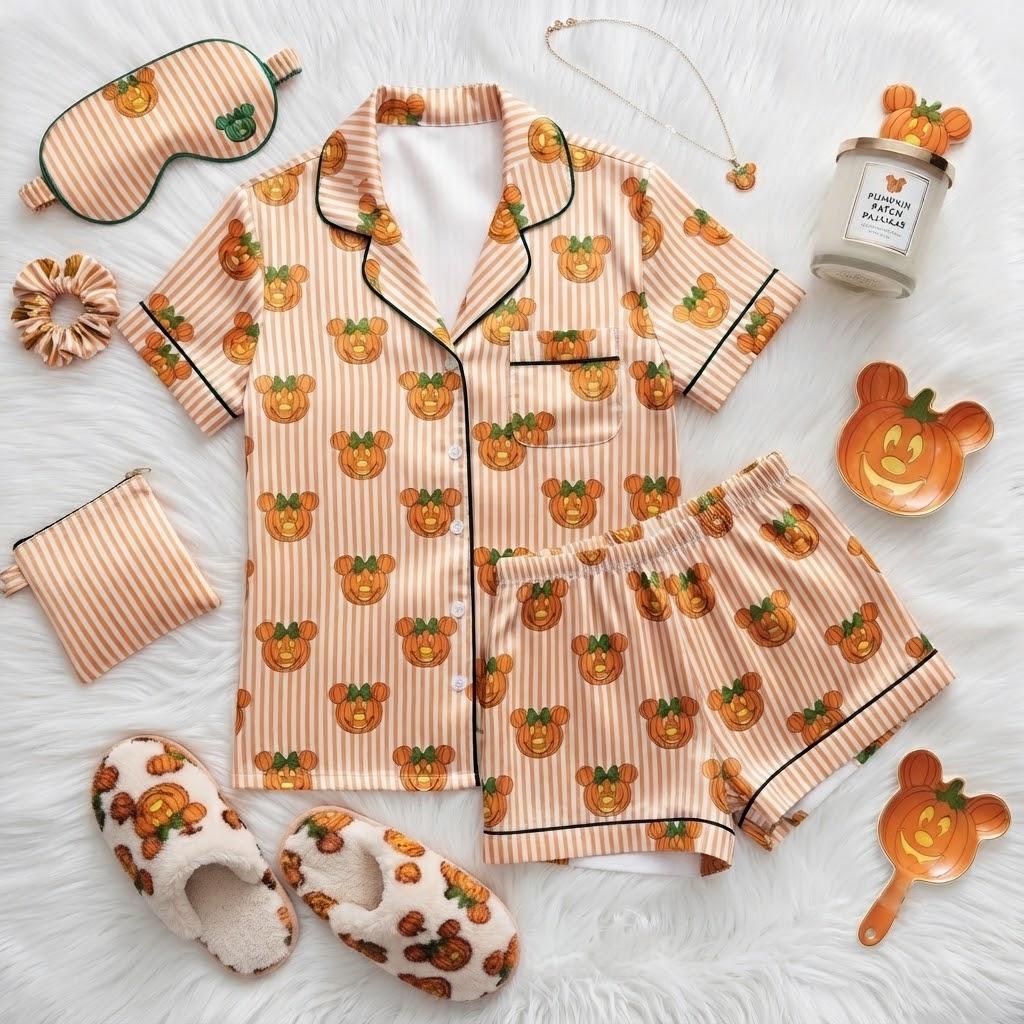Disney Mickey Minnie Halloween Pajama Set, Pumpkin Striped Character Sleepwear, Matching Button Pajamas, Festive Fall Loungewear