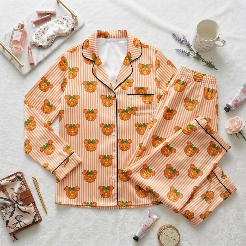 Disney Mickey Minnie Halloween Pajama Set, Pumpkin Striped Character Sleepwear, Matching Button Pajamas, Festive Fall Loungewear
