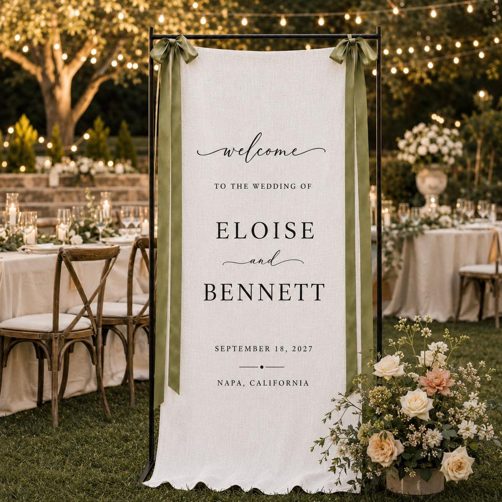 Custom Linen Wedding Sign, Fabric Wedding Welcome Banner, Personalized Wedding Decor, Modern Ceremony Entrance Sign with Names and Date