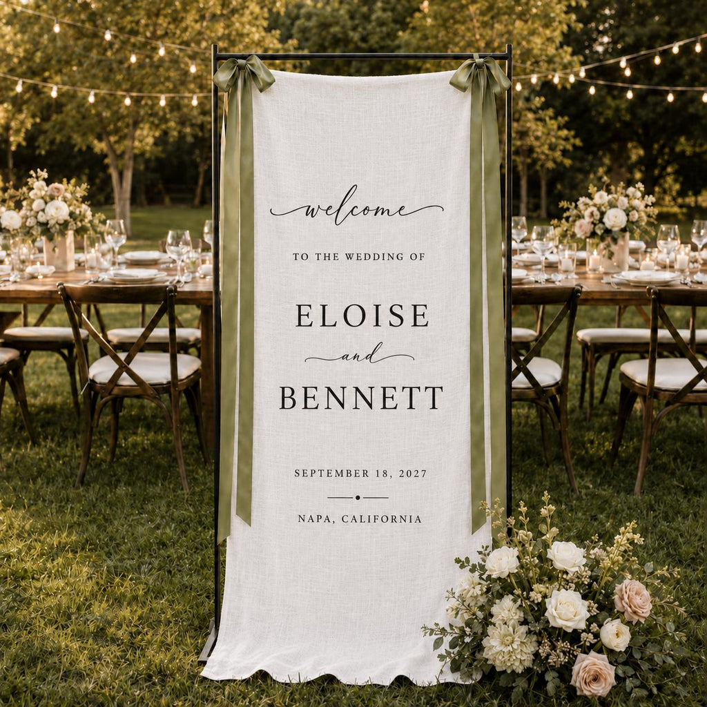 Custom Linen Wedding Sign, Fabric Wedding Welcome Banner, Personalized Wedding Decor, Modern Ceremony Entrance Sign with Names and Date
