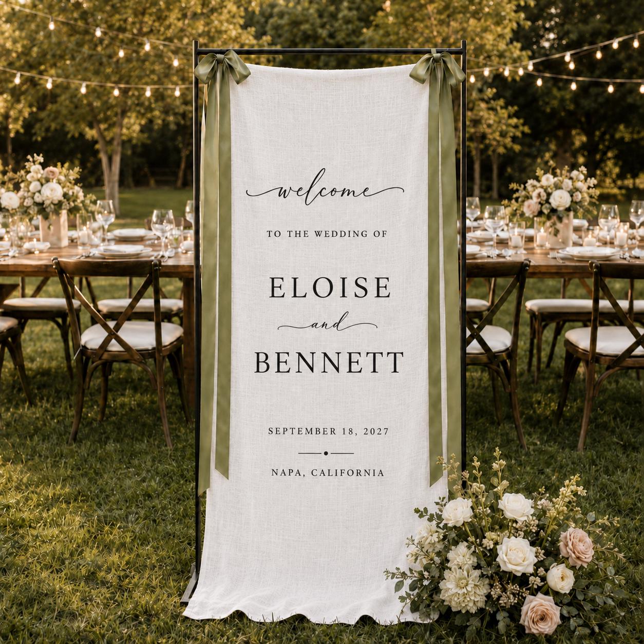 Custom Linen Wedding Sign, Fabric Wedding Welcome Banner, Personalized Wedding Decor, Modern Ceremony Entrance Sign with Names and Date