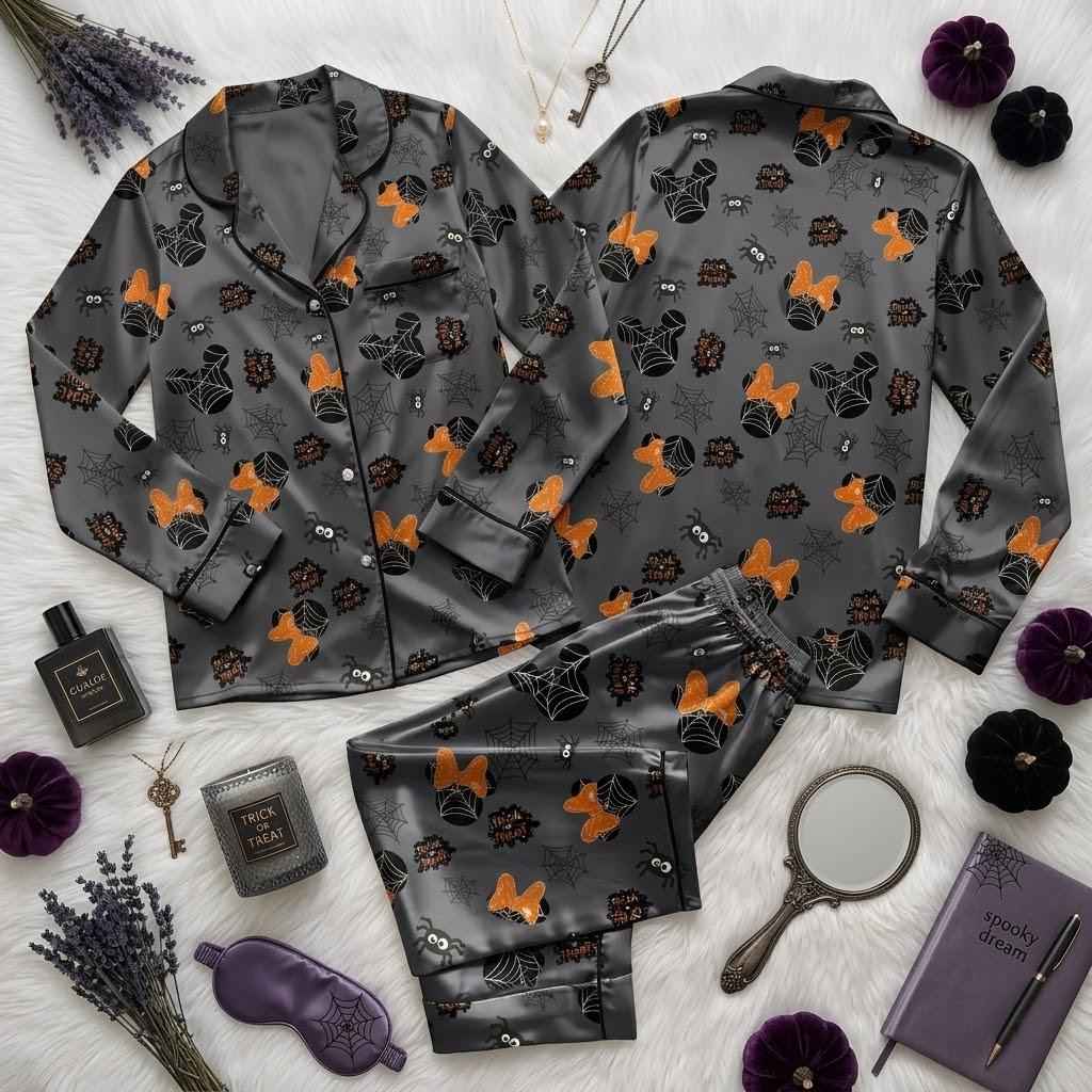 Mickey Minnie Halloween Pajamas From Disney, Spider Web Mouse Characters, Spooky Season Nightwear, Cute Pumpkin Night Outfit