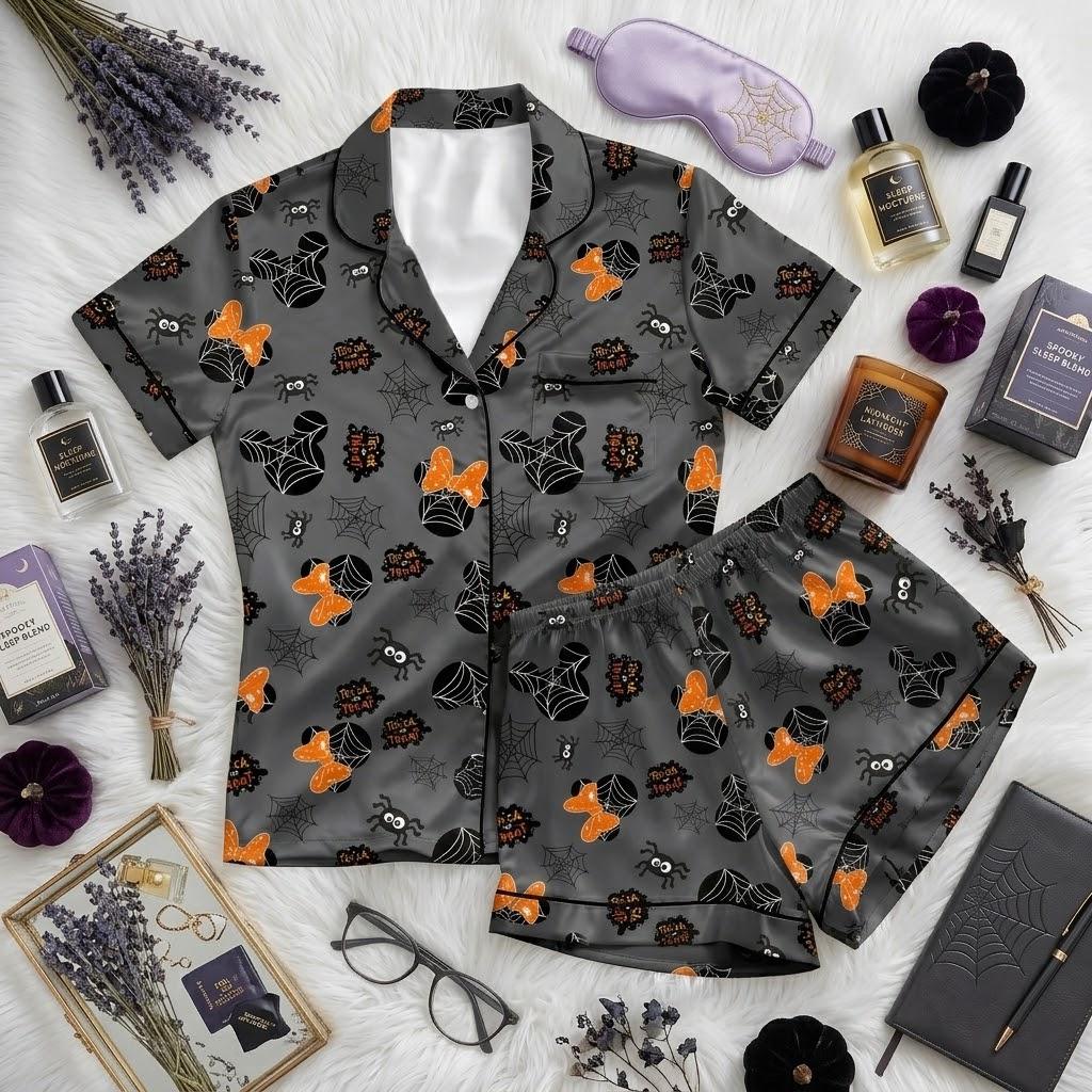 Mickey Minnie Halloween Pajamas From Disney, Spider Web Mouse Characters, Spooky Season Nightwear, Cute Pumpkin Night Outfit