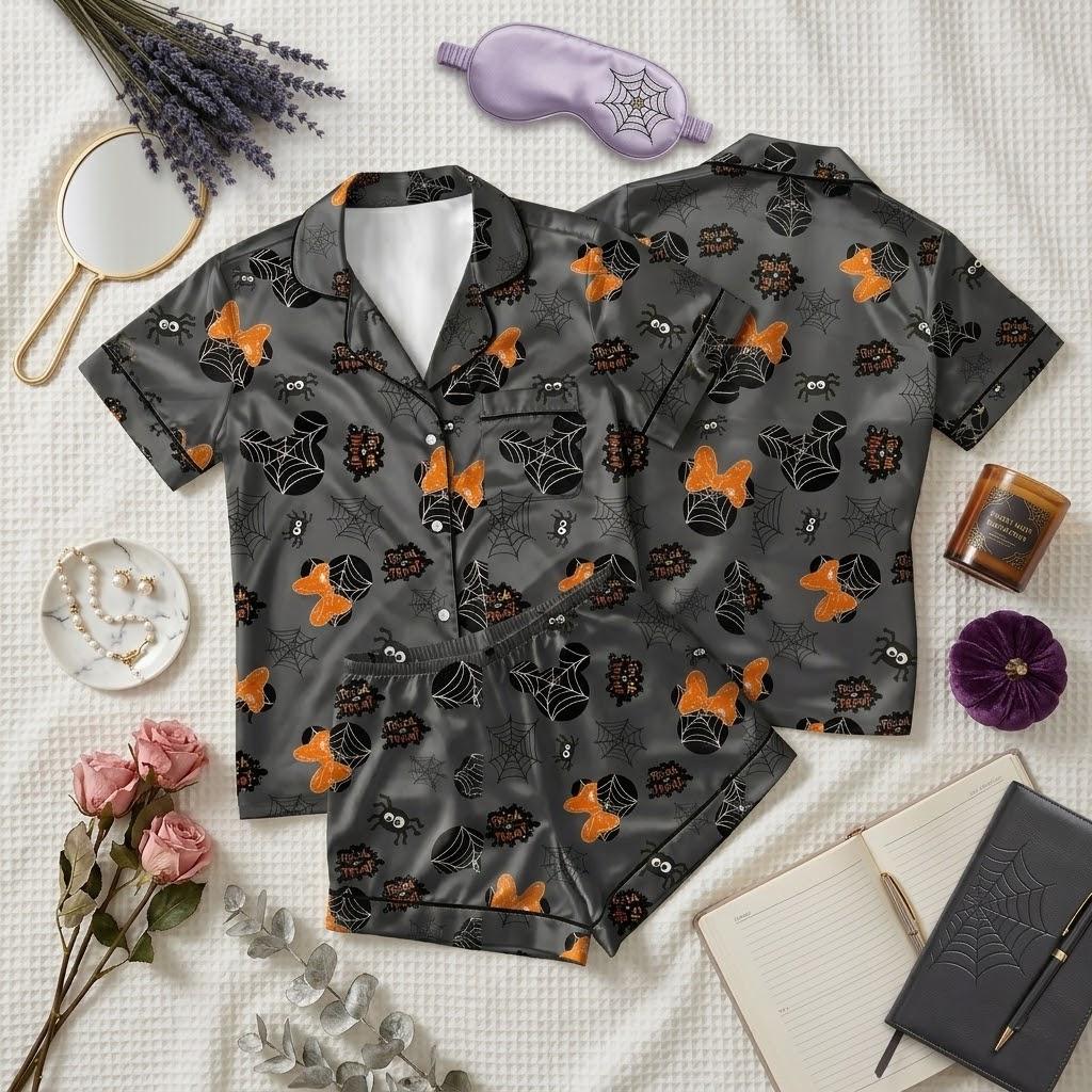 Mickey Minnie Halloween Pajamas From Disney, Spider Web Mouse Characters, Spooky Season Nightwear, Cute Pumpkin Night Outfit