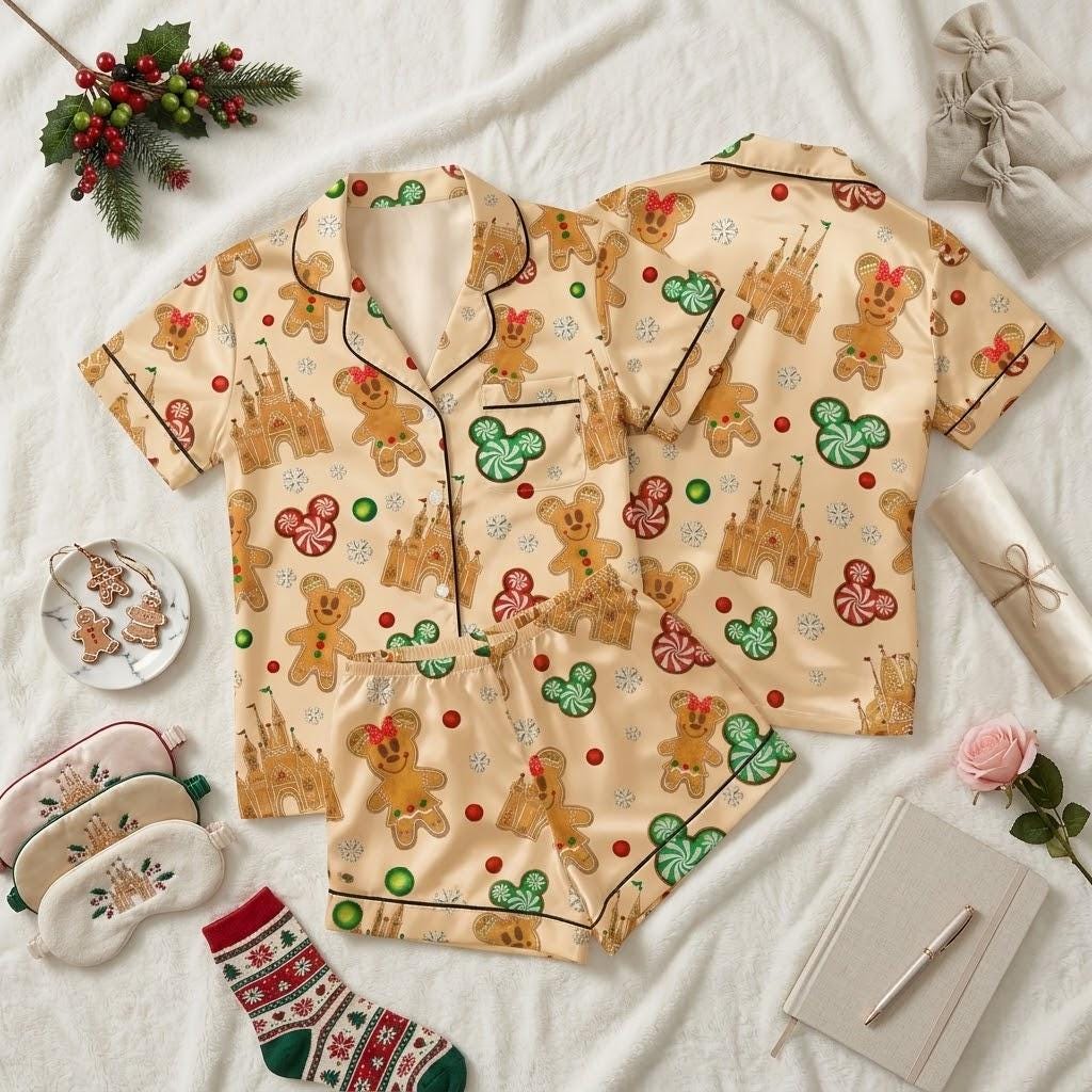 Mickey and Minnie Sweeten Christmas With Disney Magic, Gingerbread Pajamas, Holiday Mouse Nightwear, Festive Winter Bedtime Outfit