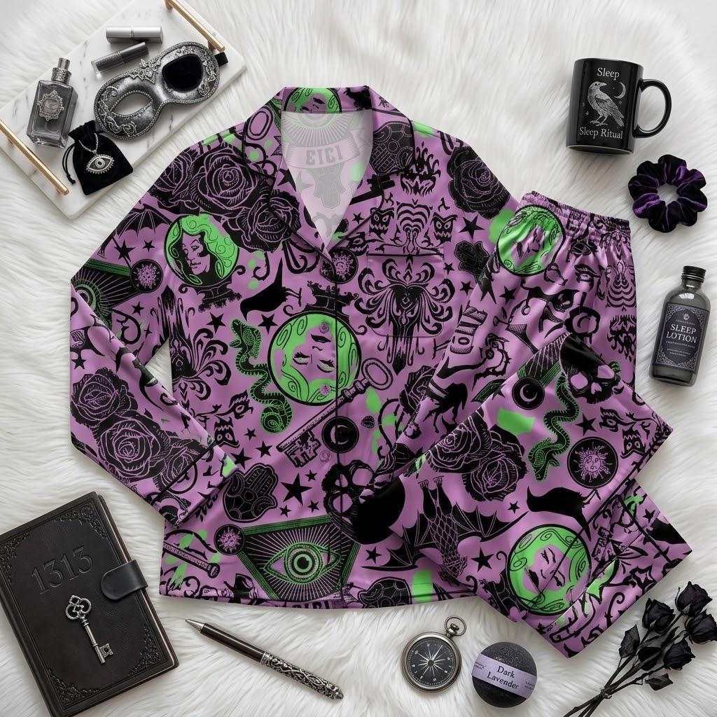 Uncover A Purple Mystery Inside Disney Haunted Mansion, Ghostly Character Pajamas, Elegant Spooky Nightwear, Halloween Sleepwear For Fans