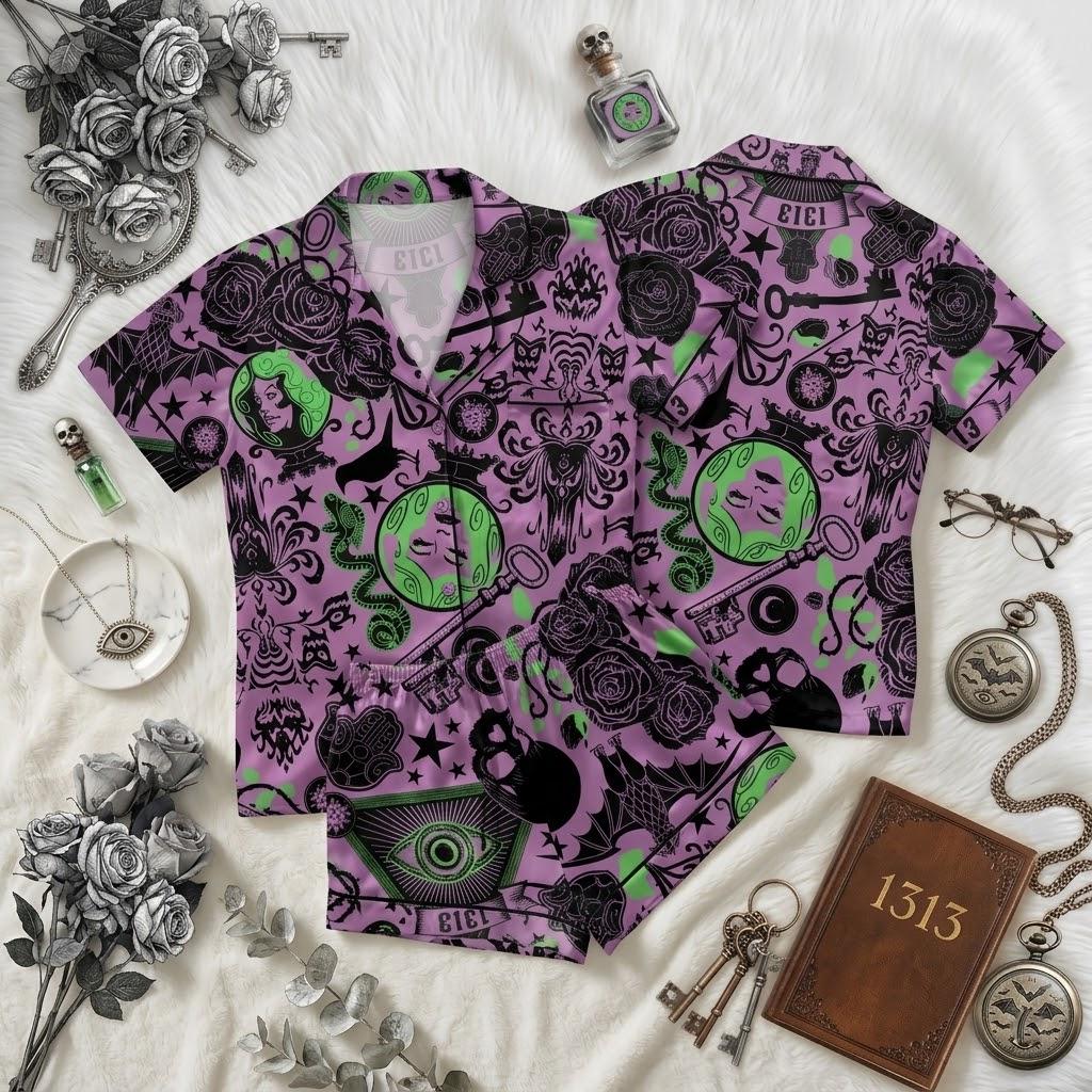 Uncover A Purple Mystery Inside Disney Haunted Mansion, Ghostly Character Pajamas, Elegant Spooky Nightwear, Halloween Sleepwear For Fans