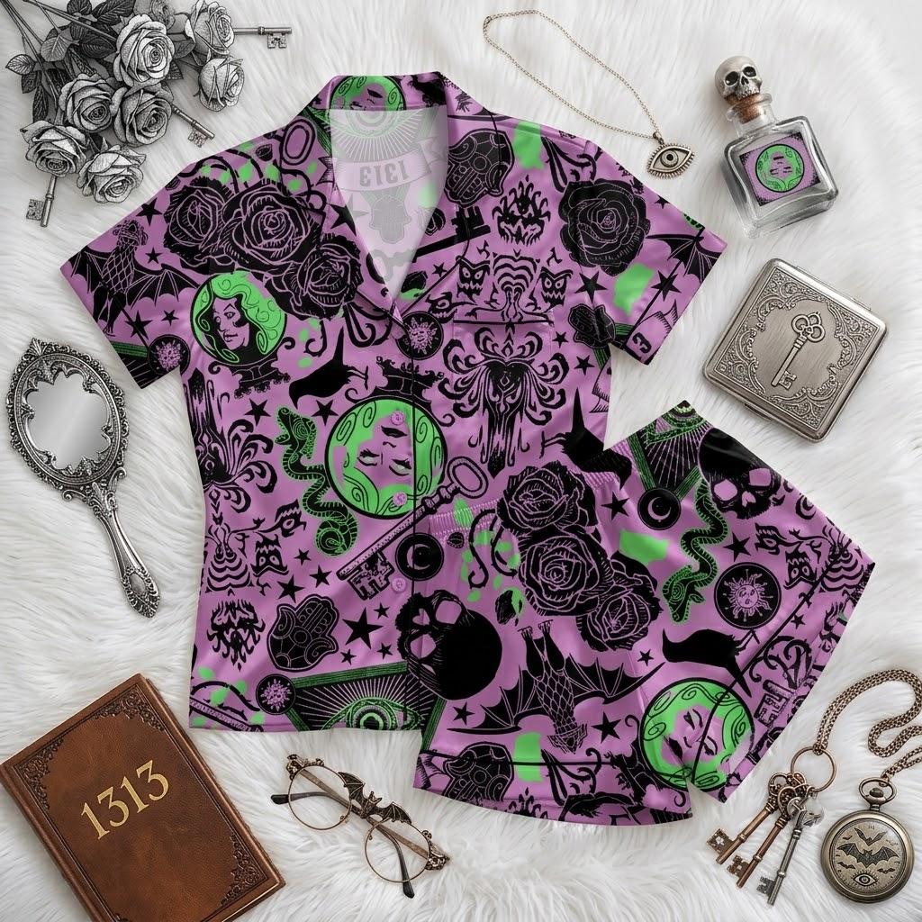Uncover A Purple Mystery Inside Disney Haunted Mansion, Ghostly Character Pajamas, Elegant Spooky Nightwear, Halloween Sleepwear For Fans