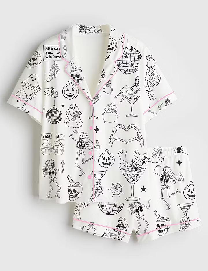 Spooky Bachelorette Pajamas, Til Death Do Us Part Short Sleeve Satin Pjs, Halloween Wedding Party Sleepwear, Whimsical Bridal Lounge Gifts