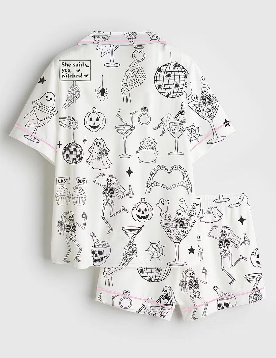 Spooky Bachelorette Pajamas, Til Death Do Us Part Short Sleeve Satin Pjs, Halloween Wedding Party Sleepwear, Whimsical Bridal Lounge Gifts