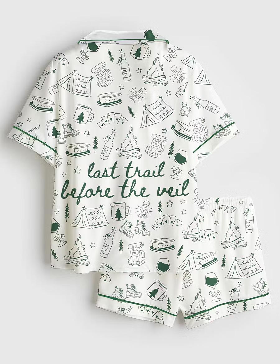 Last Trail Before Veil 2026 Pajamas, Mountain Hiking Bride Short Sleeve Satin, Camp Bachelorette Sleepwear, Silky Outdoor Bridal Party Gift