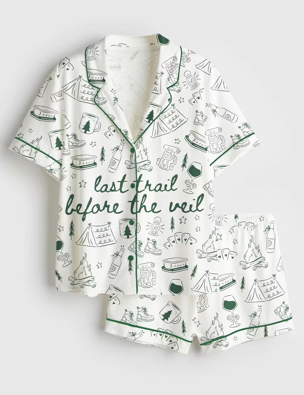 Last Trail Before Veil 2026 Pajamas, Mountain Hiking Bride Short Sleeve Satin, Camp Bachelorette Sleepwear, Silky Outdoor Bridal Party Gift