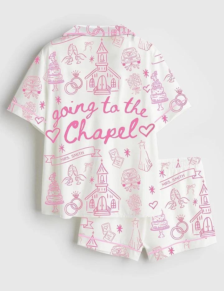 Going To The Chapel Pink Custom Name Pajamas, Coquette Bow Bride Satin Pjs, Gonna Get Married Sleepwear, Silky Bachelorette Lounge Gifts PJS