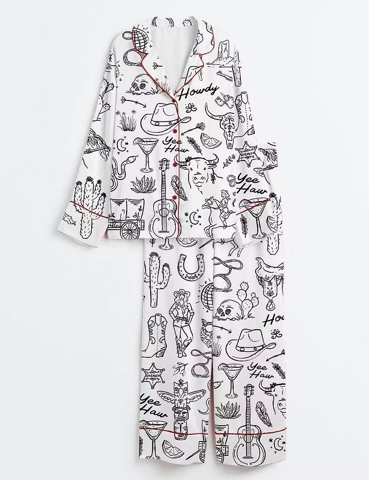 Whimsical Cowgirl Pajamas Satin, Hand Drawn Western Bachelorette Short Sleeve Satin Pjs, Silky Disco Bride Party Loungewear Gifts