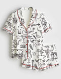 Whimsical Cowgirl Pajamas Satin, Hand Drawn Western Bachelorette Short Sleeve Satin Pjs, Silky Disco Bride Party Loungewear Gifts