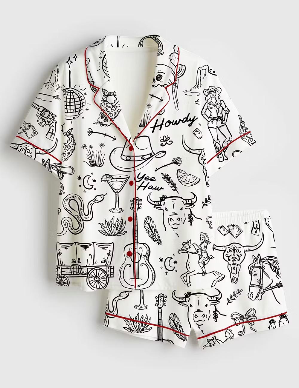 Whimsical Cowgirl Pajamas Satin, Hand Drawn Western Bachelorette Short Sleeve Satin Pjs, Silky Disco Bride Party Loungewear Gifts